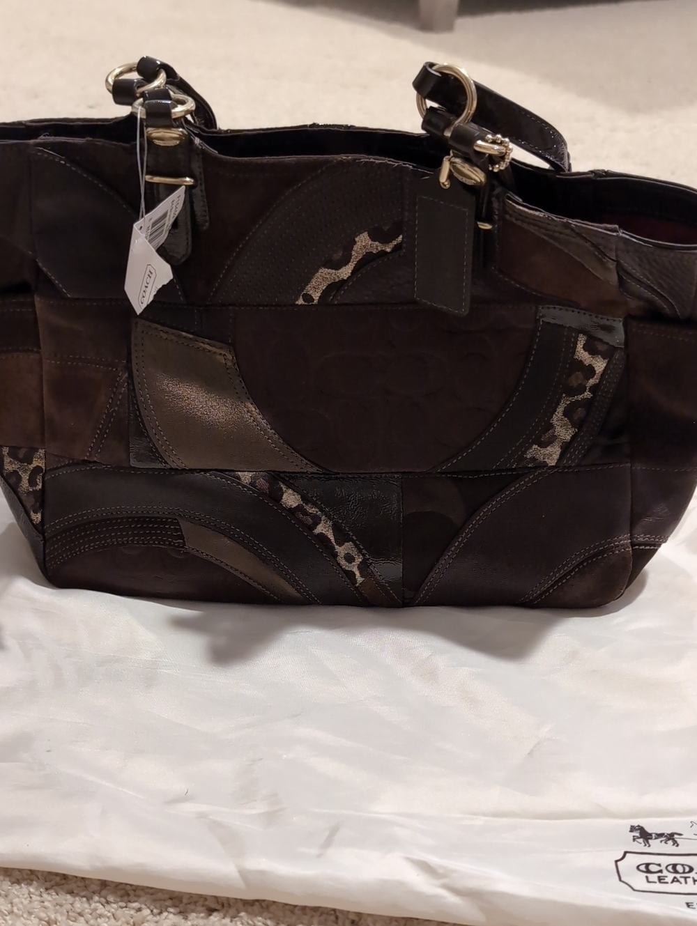 Coach Brown Patchwork East/West Tote with Leopard Trim and Gold Hardware
